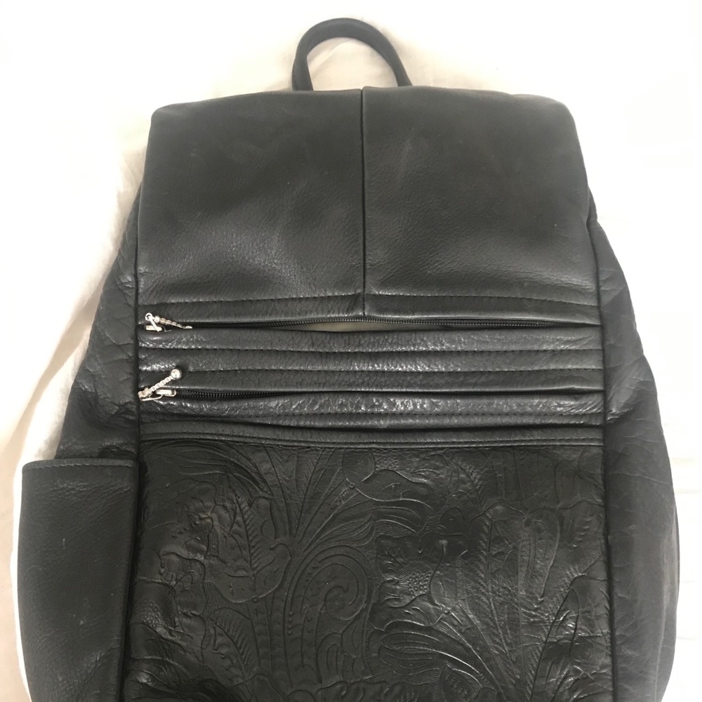 Vintage Black Tooled Leather Backpack
